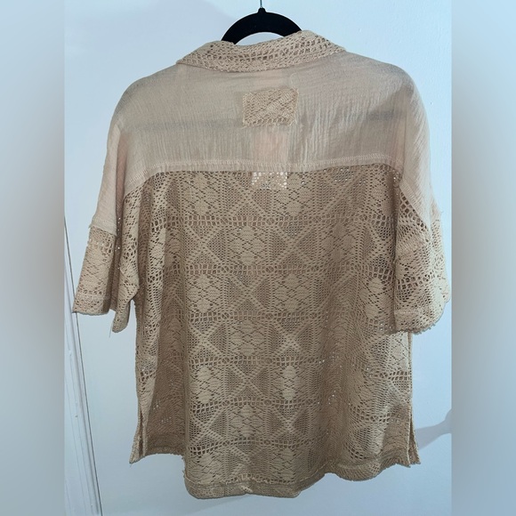 Desert Sand Open Crochet Button Up Short Sleeve Top - Picture 9 of 10